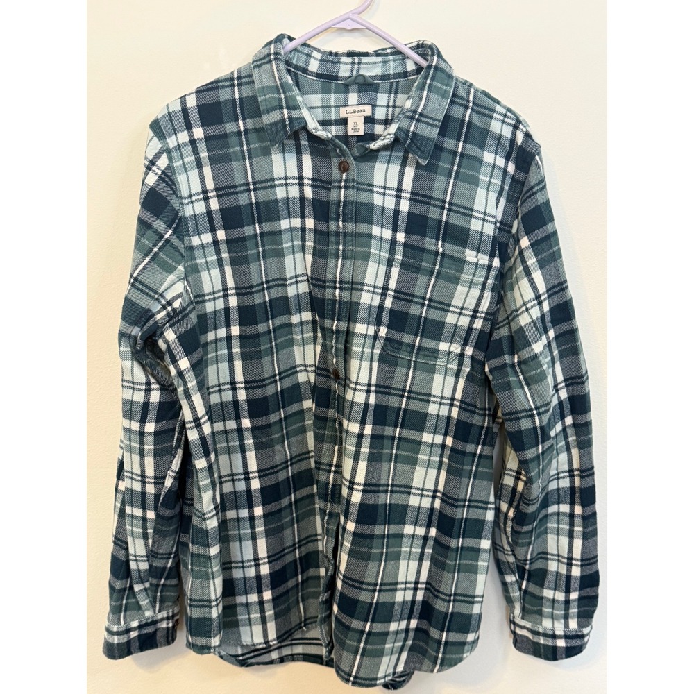L.L.Bean Flannel Shirt Mens XL Green Excellent Plaid Button Down Long Sleeve